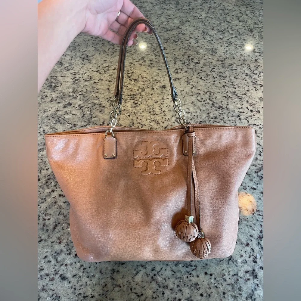 Tory Burch Thea tassel Tan pebbled Leather Tote Bag